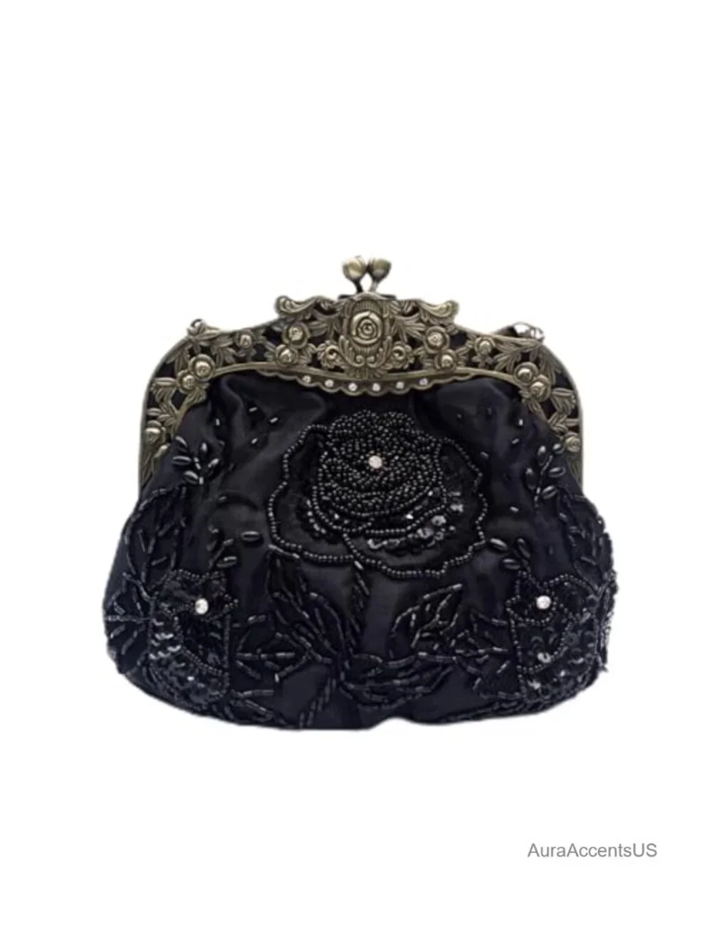 Handmade Beaded Rose Evening Clutch Kiss Lock Purse with Chain Straps